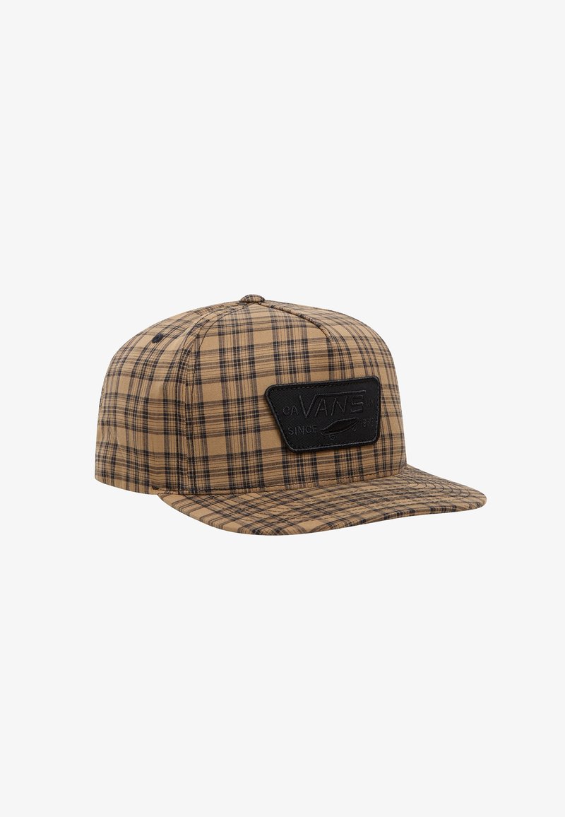 Casquette snapback Vans à carreaux marron et noir avec une visière plate et un patch logo noir rectangulaire à l'avant.