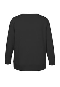 Zwarte sweatshirt met lange mouwen, een ronde hals en geribbelde manchetten. De stof lijkt soepel en rekbaar te zijn.