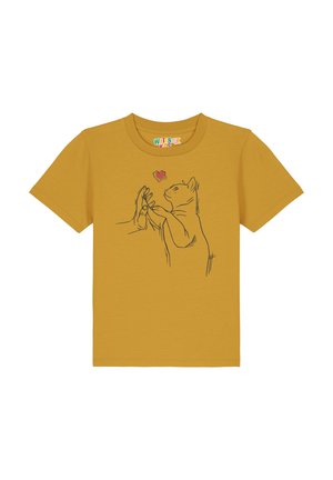 Gelbes Baumwoll-T-Shirt mit einem schwarzen Linienz zeichnung eines katze, die nach einer hand greift, über einem kleinen roten herz. Kurze Ärmel, runder Ausschnitt.