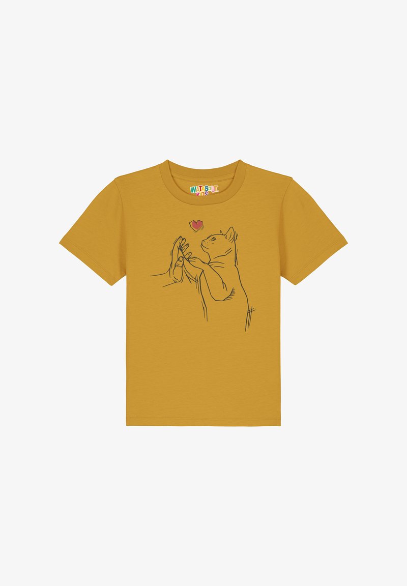 Gelbes Baumwoll-T-Shirt mit einem schwarzen Linienz zeichnung eines katze, die nach einer hand greift, über einem kleinen roten herz. Kurze Ärmel, runder Ausschnitt.