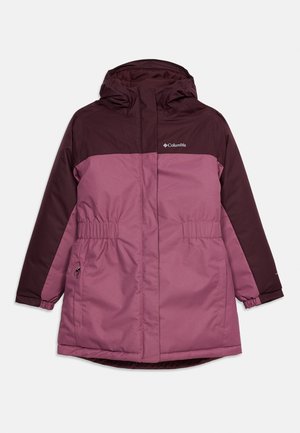 Casaco de inverno Columbia bicolor roxo com capuz, cintura elástica, bolso lateral com fecho e mangas compridas.