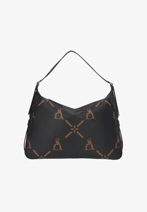 Borsa a tracolla in pelle nera con motivo geometrico e lettere marroni, singolo manico a spalla e chiusura superiore con cerniera.