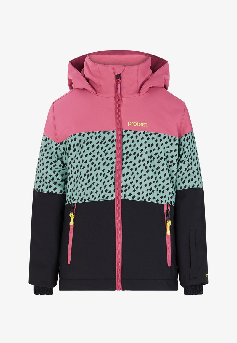 Spalvota striukė su rožiniu viršutiniu skyriumi, žaliu raštuotu viduriu ir juodu apačiu. Yra aukštas apykaklė, užtrauktukas ir šoniniai kišeniai.