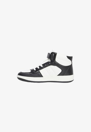 High-Top Sneaker aus schwarzem und weißem synthetischem Leder, Schnürdesign mit Klettverschluss und strukturiertem Gummisohle.