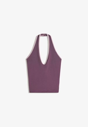 Lila Halfterriemen-Tasche mit einer tiefen Ausschnittöffnung, die mit kontrastierendem hellrosa Besatz an den Kanten versehen ist. Glattes, robustes Material.