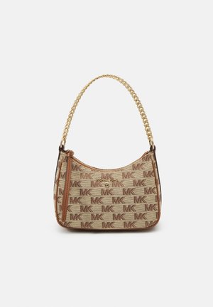 Brown canvas handbag with repeating MK logo pattern, leather accents, and a gold chain strap. Features a zip closure and curved shape.