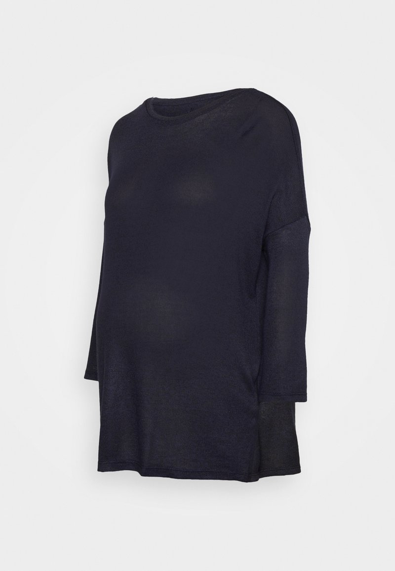 Blusa de maternidade em azul marinho escuro, com um corte relaxado, mangas três quartos, tecido de malha leve e decote redondo.