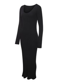 Zwarte ribgebreide jurk met een ronde halslijn en lange mouwen, aansluitende silhoutte en uitlopende onderrand. Rekbare, gestructureerde stof.