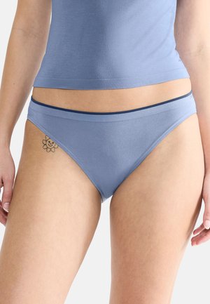 Light blue cotton bikini underwear with a low-rise cut and a flat waistband. Smooth texture and minimal seams, featuring a darker blue accent.