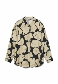 Chemise à manches longues avec un fond noir et de grands motifs de feuilles de ginkgo beiges, accompagnés d'accents blancs contrastants. Texture douce.