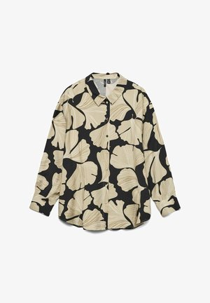 Koszula z długim rękawem zapinana na guziki, o czarnym tle z dużymi beżowymi wzorami liści miłorzębu i kontrastującymi białymi akcentami. Miękka faktura.