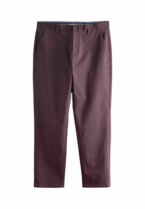 Pantalons bourgogne à jambes droites en tissu mélangé coton. Dotés de poches latérales, d'une fermeture à bouton et d'une finition lisse. Sans motifs.