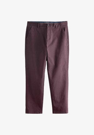Pantaloni dritti color bordeaux realizzati in tessuto misto cotone. Presentano tasche laterali, chiusura a bottone e una finitura liscia. Nessun motivo.