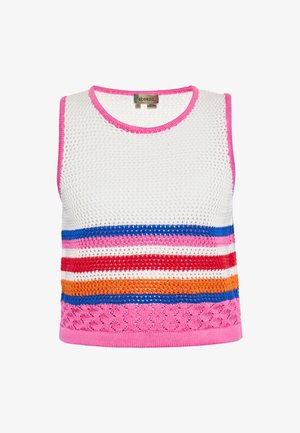 Háčkovaný bezramínkový top s růžovým lemováním. Obsahuje bílou síťovinu a horizontální pruhy v červené, oranžové, modré a růžové barvě napříč středem.