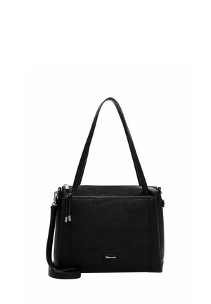 Black leather handbag with dual handles, adjustable shoulder strap, zip closure, and a rectangular shape. Features a smooth texture and minimal detailing.