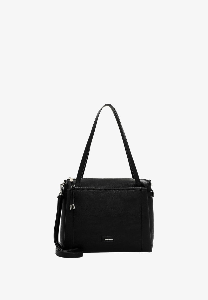 Borsa a tracolla nera in pelle con manici doppi, tracolla regolabile, chiusura con zip e forma rettangolare. Presenta una texture liscia e dettagli minimi.