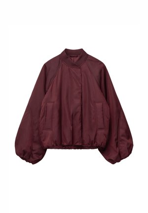 Burgundy bomber jacket with a round collar, raglan sleeves, elastic waistband, and two front pockets. Smooth synthetic fabric, padded design.