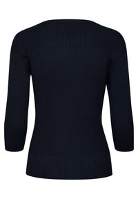 Granatowy sweter o prążkowanej strukturze z rękawami do łokcia, charakteryzujący się dopasowanym krojem oraz teksturowanym wzorem na plecach i rękawach.