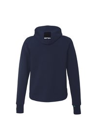 Marineblå hættetrøje med rund kant, ribstrikkede manchetter og et lille logo-patch ved halsen. Fremstillet af blødt bomuldsblandingsmateriale.