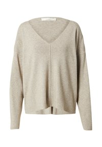 Beige villapaita V-kaula-aukkolla, väljä istuvuus ja pitkät hihat. Valmistettu teksturoidusta neuloksesta, jossa on pieni sivusaumadetalji edessä.