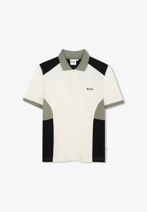 Polo à design découpé avec des sections crème, vert olive et noir. Patte de boutonnage à trois boutons, logo "BOSS" sur la poitrine gauche.
