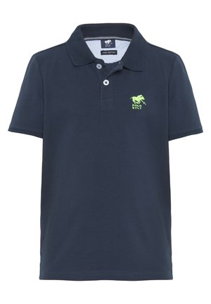 Marineblaues Poloshirt aus Baumwolle mit einem gerippten Kragen, zwei Knöpfen und einem grünen gestickten Pferdelogo auf der linken Brust.