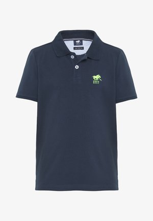 Marineblaues Poloshirt aus Baumwolle mit einem gerippten Kragen, zwei Knöpfen und einem grünen gestickten Pferdelogo auf der linken Brust.