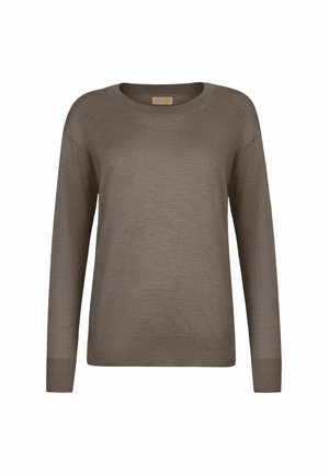 Brun langærmet sweater med rund hals og ribbede manchetter. Glat tekstur med et enkelt, udekoreret design.