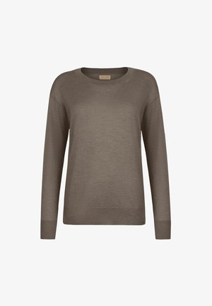 Brun langærmet sweater med rund hals og ribbede manchetter. Glat tekstur med et enkelt, udekoreret design.