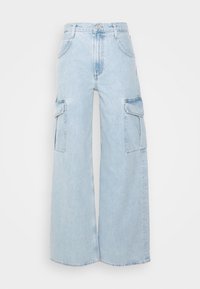 Světle modré denimové kalhoty s širokým nohavicemi, vysokým pasem, předním zapínáním na knoflík, poutek na pásek, bočními kapsami a klasickým pěti-kapsovým stylem.