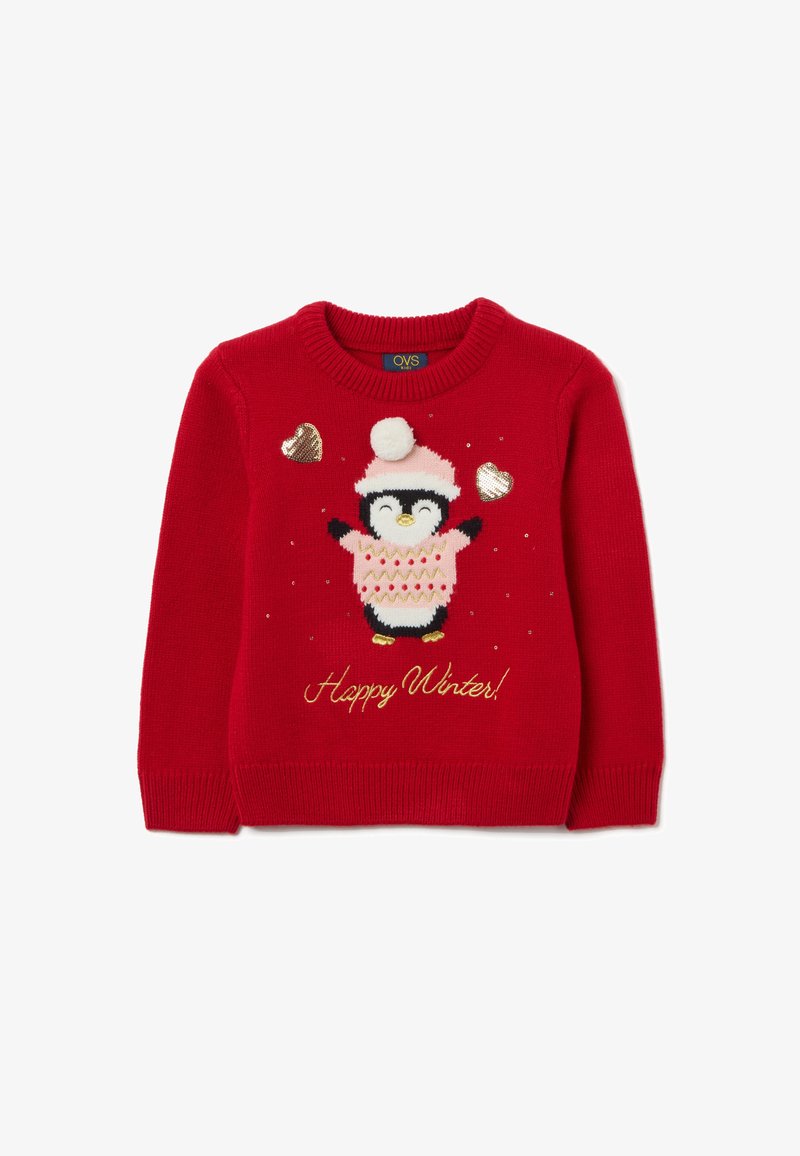 Roter gestrickter Pullover mit einem Pinguin-Design, der einen rosa Hut trägt, goldenen Herzen und dem Text "Schönen Winter!" in Gold. Gerippte Bündchen und Saum.