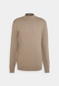 Beige coltrui gemaakt van fijn gebreid materiaal, met lange mouwen en een geribde halslijn en zoom.