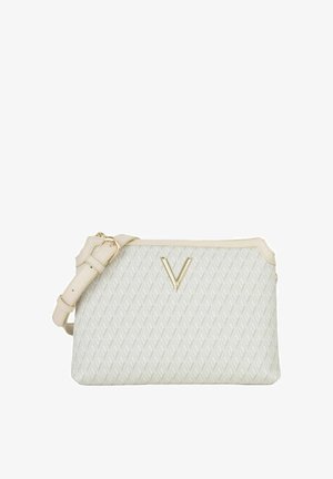 Sac à main beige avec un motif diamant texturé, des ferrures dorées et une bandoulière amovible et ajustable. Présente un logo "V" doré bien visible.