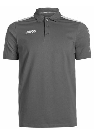 Grijze polo shirt van zachte stof. Heeft een kraag, een drieknoopsluiting en een merkembleem op de borst. Subtiel zijstreepdesign.