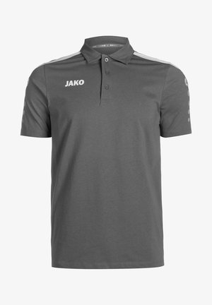 Grau Poloshirt aus weichem Material. Mit Kragen, Drei-Knopf-Leiste und Logo der Marke auf der Brust. Dezentes seitliches Streifendesign.