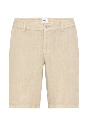 Beige kniehohe Leinen-Shorts mit Knopfverschluss, Gürtelschlaufen, Seitentaschen und einem kleinen Markenetikett am Bund.
