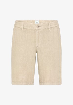 Beige kniehohe Leinen-Shorts mit Knopfverschluss, Gürtelschlaufen, Seitentaschen und einem kleinen Markenetikett am Bund.