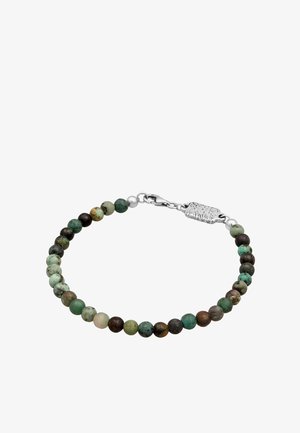 Beaded bracelet featuring an array of green, brown, and blue stones, finished with a silver clasp and textured metal tag.