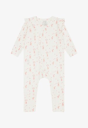 Pagliaccetto bianco a maniche lunghe per bambini con cuore rosa e motivi astratti a spirale, dettagli arricciati sulle spalle e chiusure a scatto sul davanti.