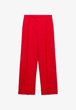 Rode, wijde broek met een hoge taille, voorzien van geplooide details aan de voorkant en een gladde textuur. Geen zichtbare metalen details.