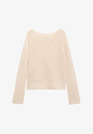 Ljust beige stickad tröja med långa ärmar, båturringning och en strukturerad diamantskiss överallt. Luftig öppen vävdesign.