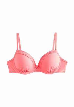 Soutien-gorge rembourré rose avec fines bretelles réglables et détails froncés le long du bord supérieur sur fond blanc.