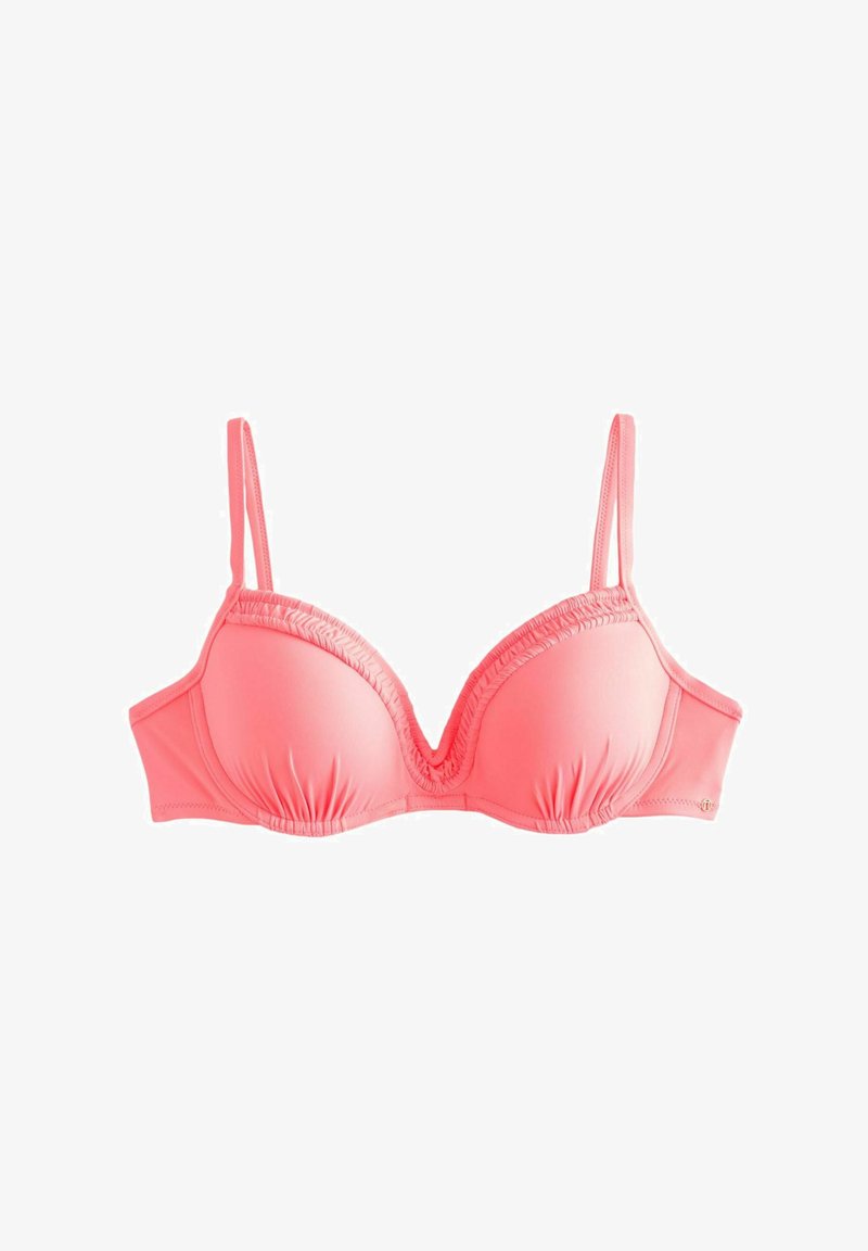 Soutien-gorge rembourré rose avec fines bretelles réglables et détails froncés le long du bord supérieur sur fond blanc.