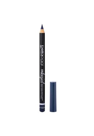 Matita per occhi blu con punta affilata e appuntita, tubo nero con testo bianco e tappo. L'etichetta indica il tipo di prodotto e la tonalità 104.