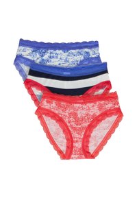 Drei Paare Damenunterwäsche: eines mit blauem Blumenmuster, eines mit marineblauen Streifen und eines mit rotem detaillierten Druck, alle mit gewellten Kanten.