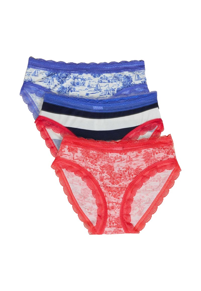 Drei Paare Damenunterwäsche: eines mit blauem Blumenmuster, eines mit marineblauen Streifen und eines mit rotem detaillierten Druck, alle mit gewellten Kanten.