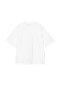 Maglietta bianca in cotone, maniche corte, scollatura a girocollo, vestibilità ampia, texture liscia, senza etichette o motivi visibili sul retro.