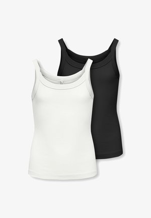 Dwa prążkowane tank topy, jeden biały z przodu, drugi czarny z tyłu, oba z szerokimi ramiączkami i zaokrąglonym dekoltem.