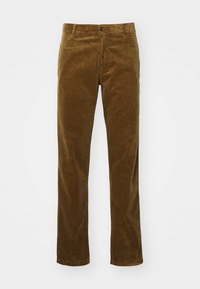 Pantalones de pana marrones con un diseño de pierna recta, que cuentan con un cierre de botón y una textura de canalé vertical.