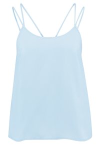 Camisole azzurro chiaro con spalline sottili, realizzato in tessuto liscio. Presenta un design semplice e morbido, con un orlo dritto.